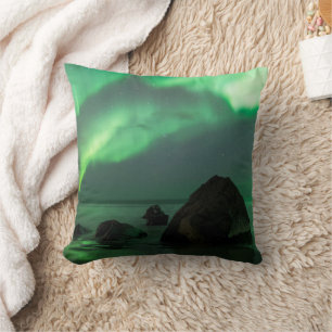 Aurora Borealis   Lofoten Beach Norwegen Kissen