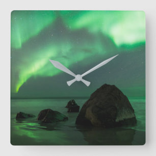 Aurora Borealis Lofoten Beach Norwegen Quadratische Wanduhr