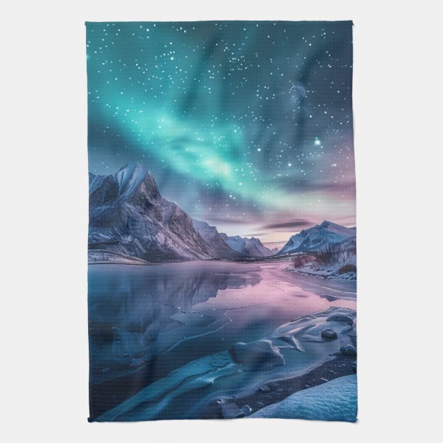 Aurora Borealis Über die verschneiten Berglandscha Geschirrtuch (Vertikal)