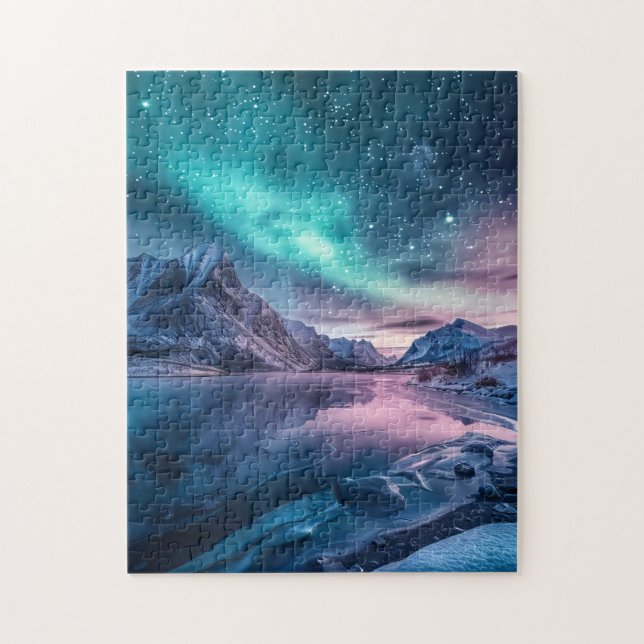 Aurora Borealis Über die verschneiten Berglandscha Puzzle (Vertikal)