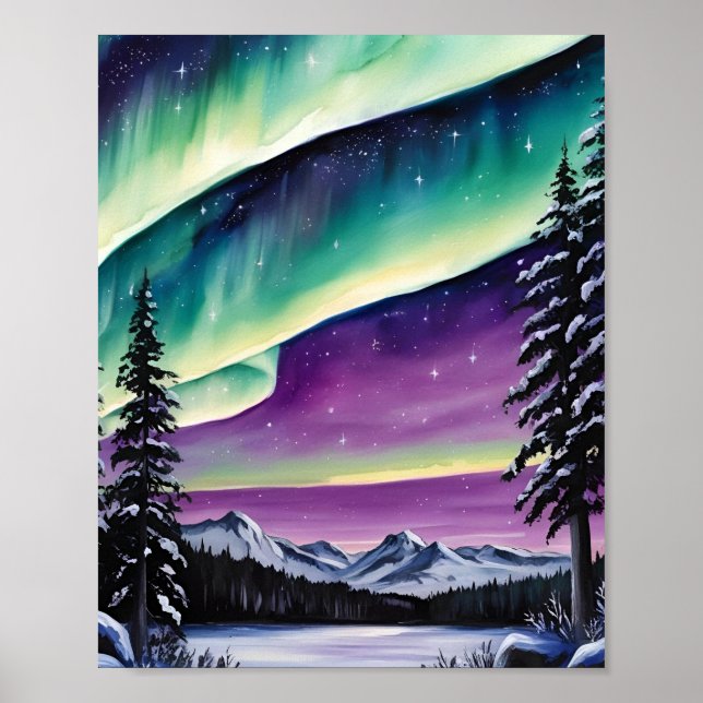 Aurora Borealis über Schneewald, Pinien, Landschaf Poster (Vorne)