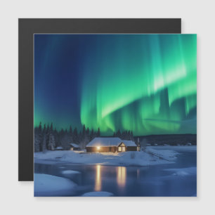 Aurora borealis über Winterkabine Magnetkarte