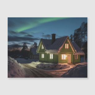 Aurora borealis über Winterkabine Magnetkarte