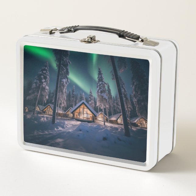 Aurora borealis über Winterkabine Metall Brotdose (Vorderseite)