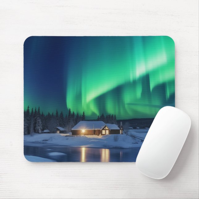 Aurora borealis über Winterkabine Mousepad (Mit Mouse)