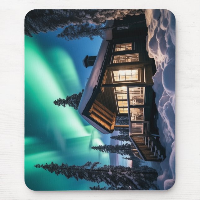 Aurora borealis über Winterkabine Mousepad (Vorne)