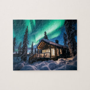 Aurora borealis über Winterkabine Puzzle