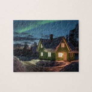 Aurora borealis über Winterkabine Puzzle