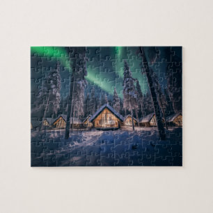 Aurora borealis über Winterkabine Puzzle