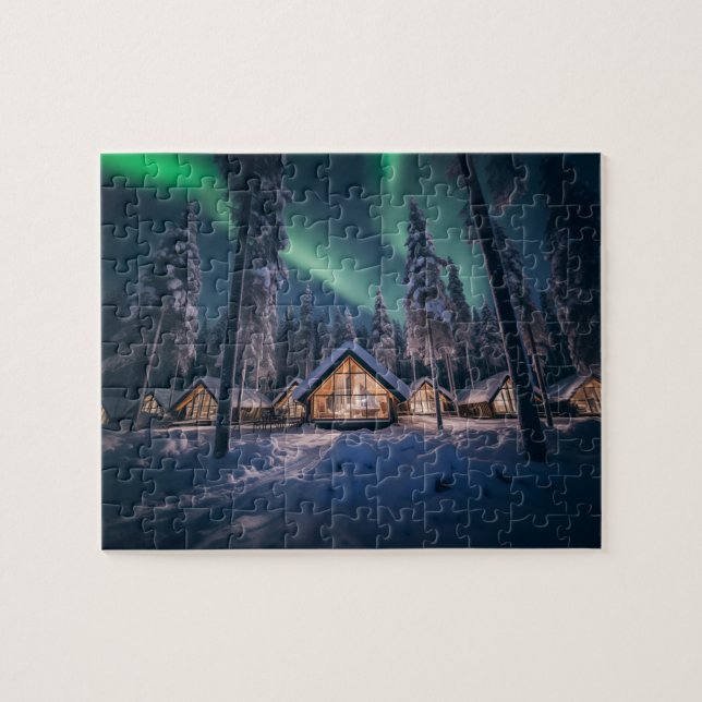 Aurora borealis über Winterkabine Puzzle (Horizontal)
