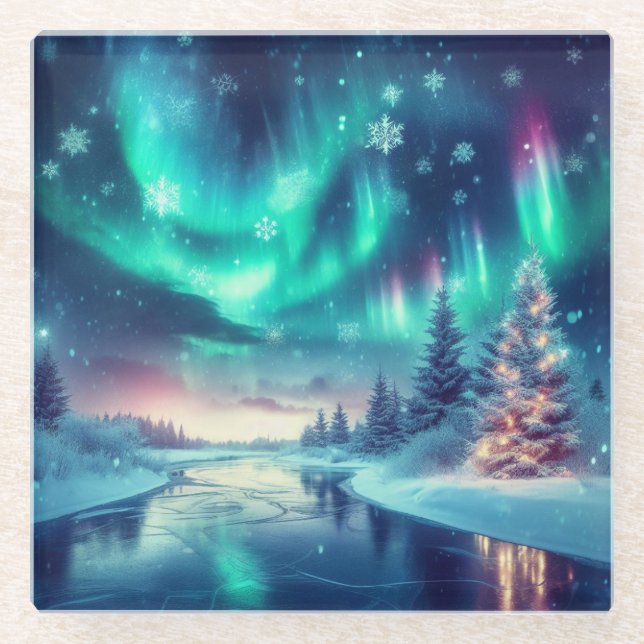 aurora borealis/Weihnachten/Winter Glasuntersetzer (Vorderseite)