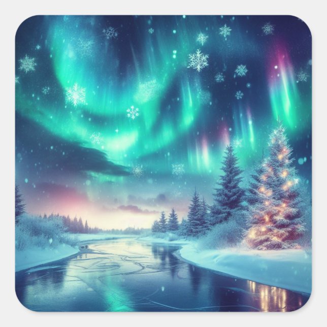 aurora borealis/Weihnachten/Winter Quadratischer Aufkleber (Vorderseite)