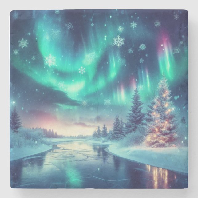 aurora borealis/Weihnachten/Winter Steinuntersetzer (Vorderseite)