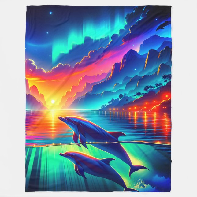 "Aurora Dolphin Sunset - Vibranno Ocean Art" Fleecedecke (Vorderseite)