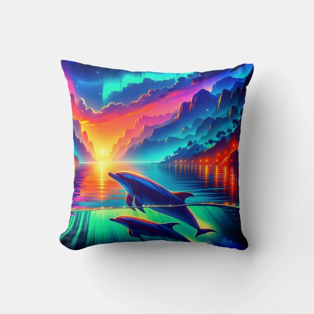 "Aurora Dolphin Sunset - Vibranno Ocean Art" Kissen (Vorderseite)