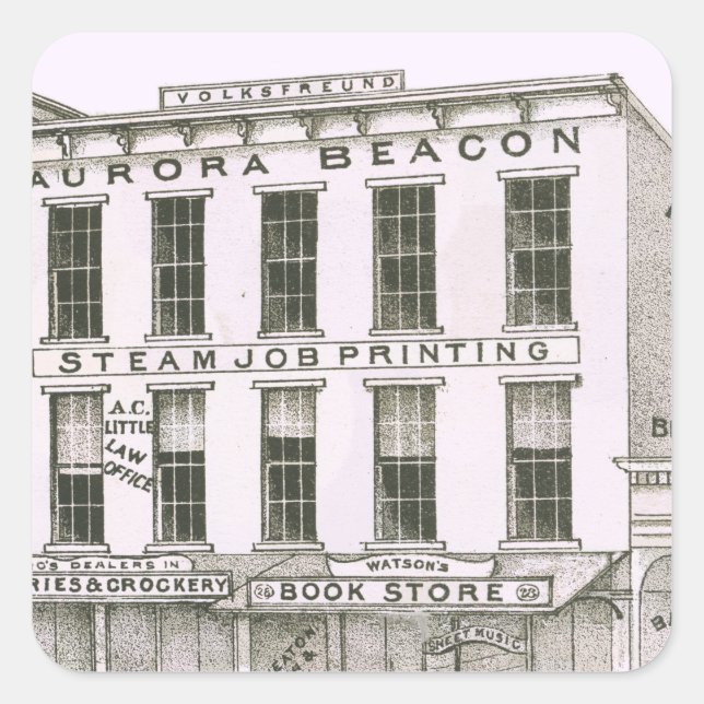 Aurora Illinois Aurora Beacon News 1871 Stone Lith Quadratischer Aufkleber (Vorderseite)