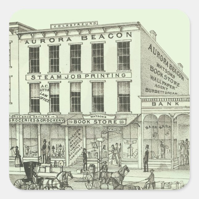 Aurora Illinois Aurora Beacon News 1871 Stone Lith Quadratischer Aufkleber (Vorderseite)