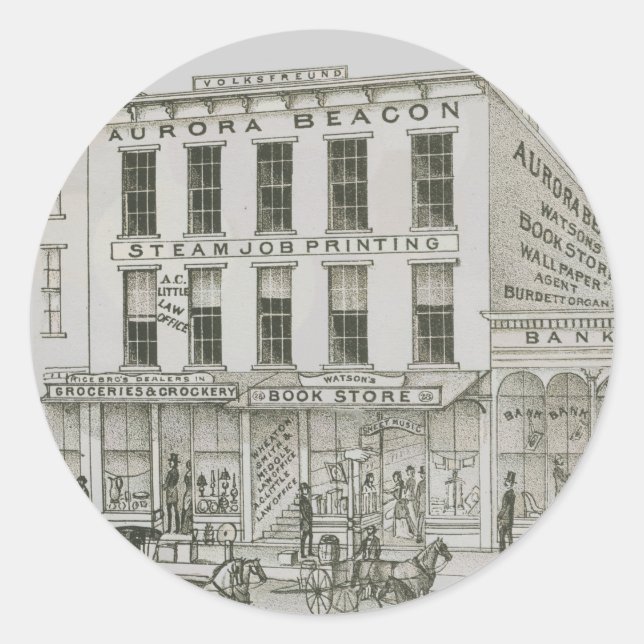 Aurora Illinois Aurora Beacon News 1871 Stone Lith Runder Aufkleber (Vorderseite)