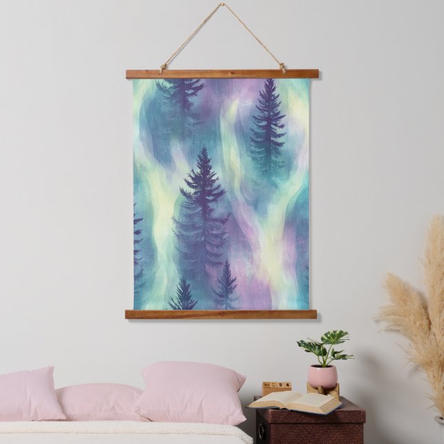 Aurora-Landschaft-Waldmuster Wandteppich Mit Holzrahmen (Schlafzimmer)