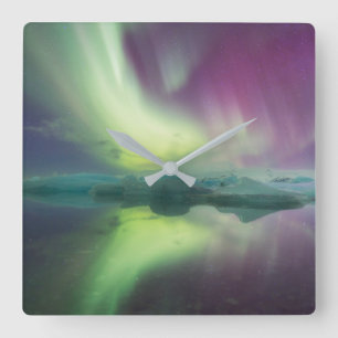 Aurora-Lichter in der Lagune Jokulsarlon, Island Quadratische Wanduhr