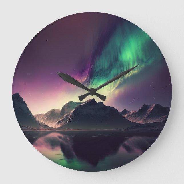 Aurora Lights Night Sky Große Wanduhr (Vorderseite)