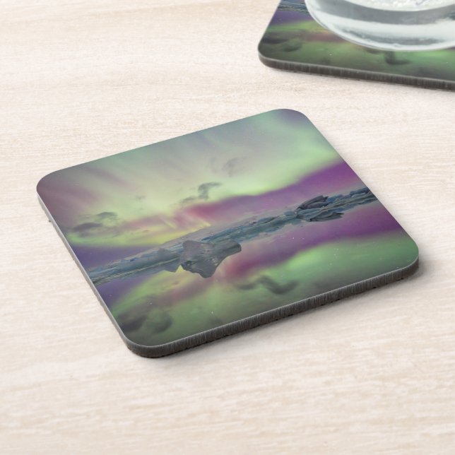 Aurora Lights Reflect Lagoon | Island Getränkeuntersetzer (Linke Seite)