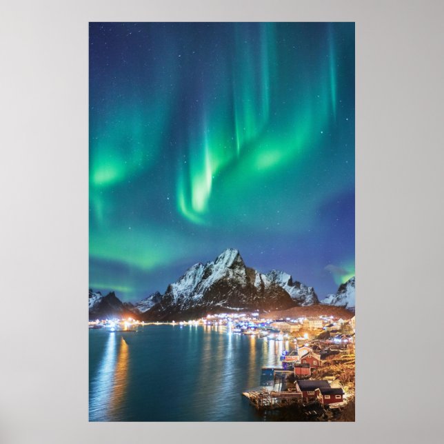 Aurora Nacht auf der Brücke nach Reine auf Lofoten Poster (Vorne)