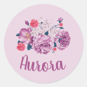 Aurora Name Blumen Custom Vintage Blume Rosa Mädch Runder Aufkleber