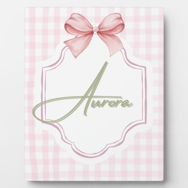 Aurora Personalisiert Pink Bow & Gingham Print Fotoplatte (Vorderseite)