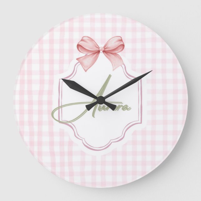 Aurora Personalisiert Pink Bow & Gingham Print Große Wanduhr (Vorderseite)