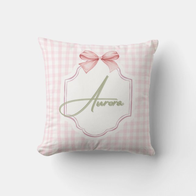 Aurora Personalisiert Pink Bow & Gingham Print Kissen (Vorderseite)