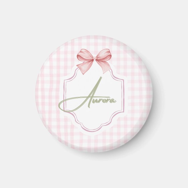 Aurora Personalisiert Pink Bow & Gingham Print Magnet (Vorne)