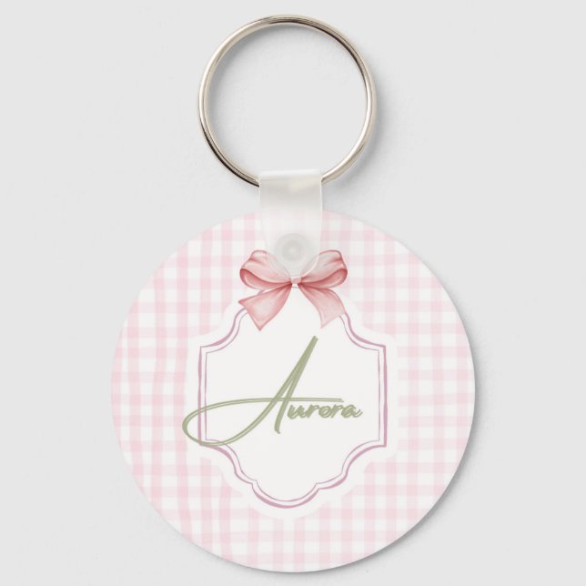Aurora Personalisiert Pink Bow & Gingham Print Schlüsselanhänger (Vorderseite)