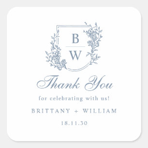 [AURORA] Vintage Dusty Blue Wappen Monogram Weddin Quadratischer Aufkleber