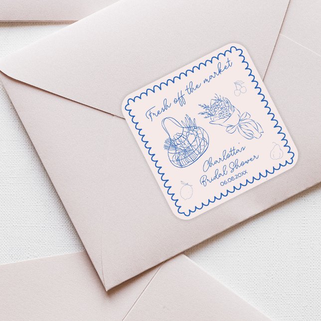 Aus dem Markt gezogenes, von Hand gezogenes Brautp Quadratischer Aufkleber (Off The Market Whimsical Hand Drawn Bridal Shower Square Sticker)