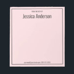 Aus dem Schreibtisch Ihres Namens bleich rosa und Notizblock<br><div class="desc">Dieser vom Schreibtisch des Notizblocks hat oben schwarzen Bildschirmtext. Oben ist ein großer schwarzer Text für den Namen des Empfängers. Es gibt unten einen kleineren schwarzen Text für Kontaktinformationen wie eine E-Mail-Adresse und Telefonnummer. Die Grenze ist ein schwarzes Quadrat. Das Papier ist hellrosa.</div>