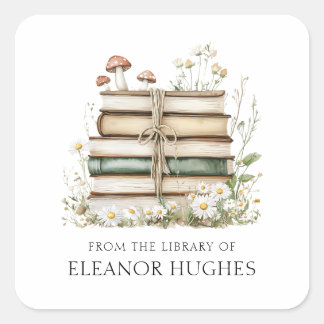Aus der Bibliothek des Wasserfarben-Blumen-Exlibri Quadratischer Aufkleber
