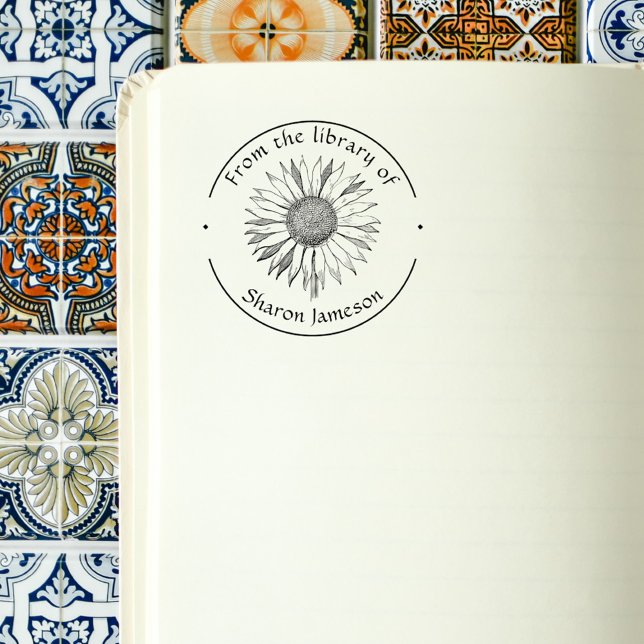 Aus der Bibliothek von/Individuelle Name / Sonnenb Permastempel (Elegant Round Sunflower From the Library of Custom Name Books Stamp)