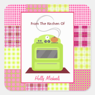 Aus der Küche von...heller grüner Ofen & Kariert Quadratischer Aufkleber