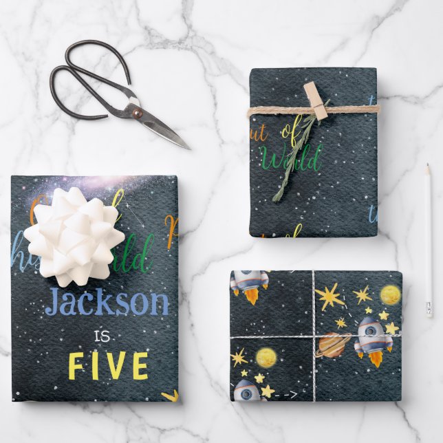 Aus diesem Weltraum-Abenteuer-Kindergeburtstag Geschenkpapier Set (Vorderseite)