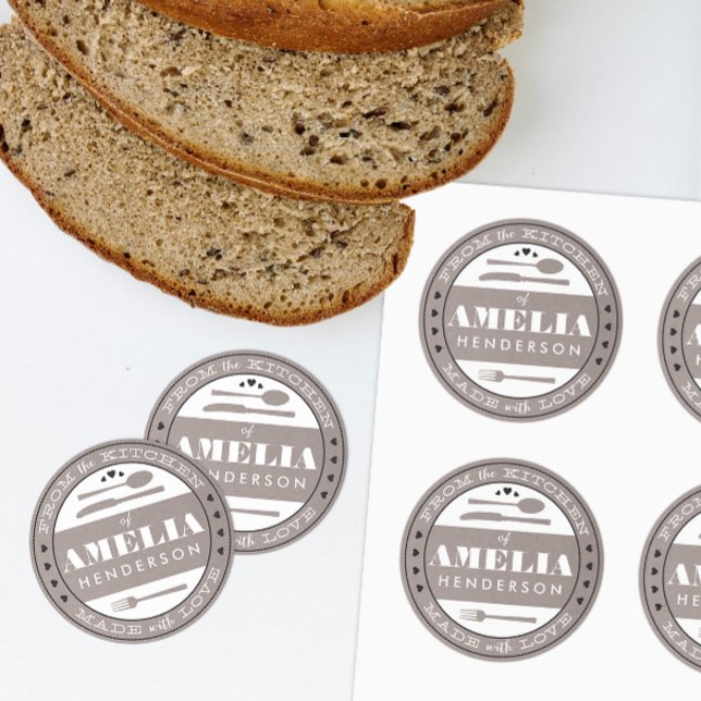Aus Liebe hergestellt, Lebensmittelaufkleber grau Runder Aufkleber (custom homemade treats gift sticker from the kitchen and made with love)