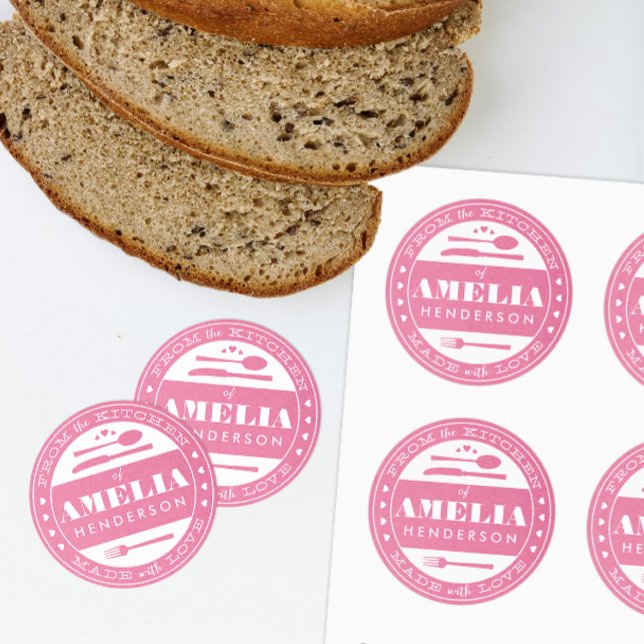 Aus Liebe hergestellt Runder Aufkleber (pink custom homemade treats gift sticker from the kitchen and made with love)