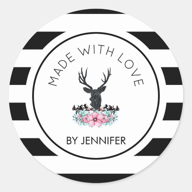 Aus Liebe Hirschkopf mit Blume und Bergen Runder Aufkleber (Vorderseite)