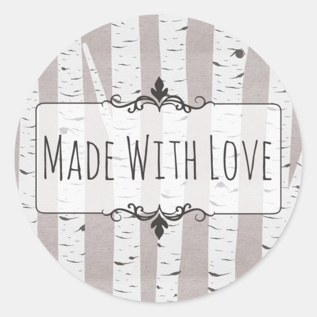 Aus Liebe mit rustikalen Birkenholzbäumen und Zwei Runder Aufkleber (Vorderseite)