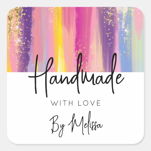 Aus Liebe-Regenbogenstreifen mit Gold-Glitzer Quadratischer Aufkleber (Vorderseite)