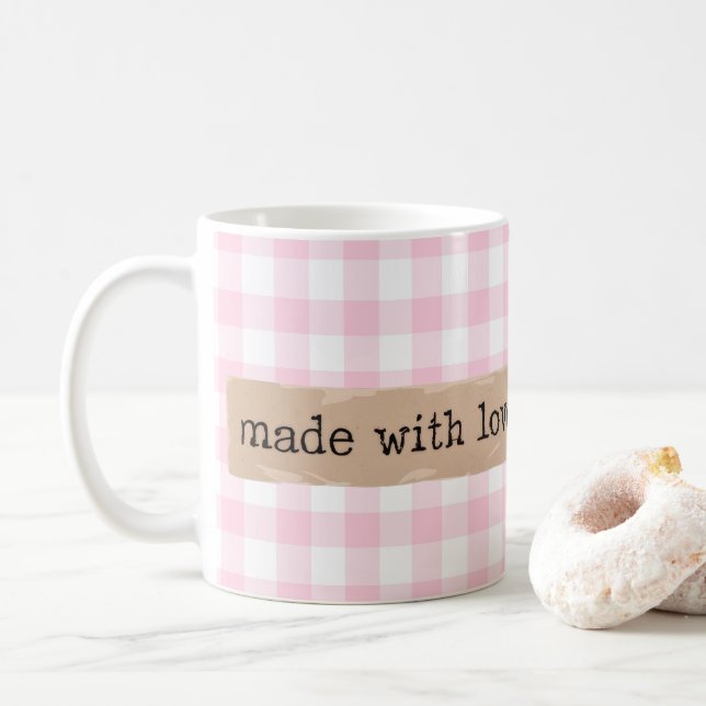 Aus Liebe-Rosa und Weiß-Karos Kaffeetasse (Mit Donut)