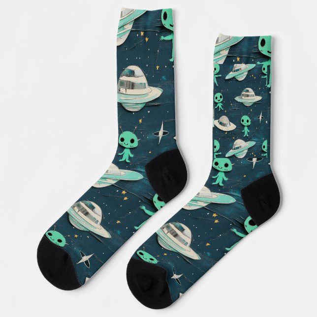 Aus Papier ausgeschnittene Aliens und UFOs Socken (Linkes Detail)