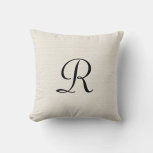 Aus weißen Imitaten Burlap Black Monogram Kissen