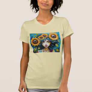Ausdrucksstarkes Mädchen mit Sonnenblumen T-Shirt