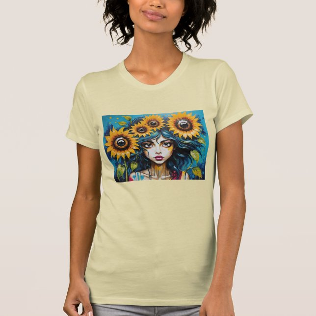 Ausdrucksstarkes Mädchen mit Sonnenblumen T-Shirt (Vorderseite)